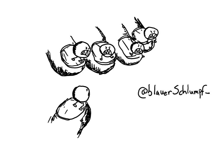 The fingertips of a hand curled around so all five are visible, with each nail protected by a tiny round robot with little legs, giant gnashing teeth and an angry expression.