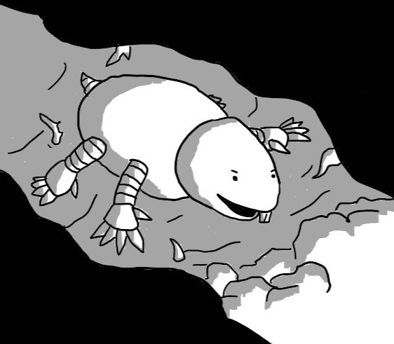 A robot somewhat resembling a mole, with a roughly conical head with large front teeth and four banded limbs ending in large claws. It is proceeding down an evidently subterranean tunnel, darkened and with its rough walls studded with protruding tree roots.