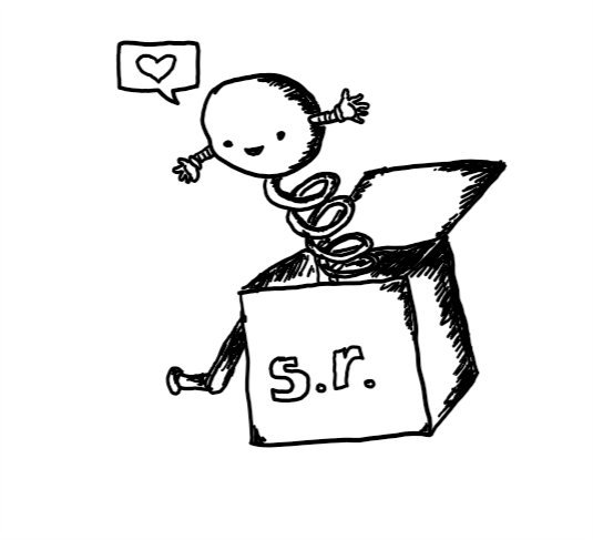 a jack-in-the-box toy with "s.r." written on the front. it's open and the spring is extended, but on the end is a happy, spherical robot with its arms held out. it has a speech bubble with a heart in it.