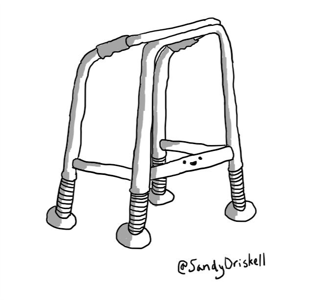 A robot in the form of a walking frame with a face on the low bar at the front and the bottom sections of its legs turned into small robot feet.