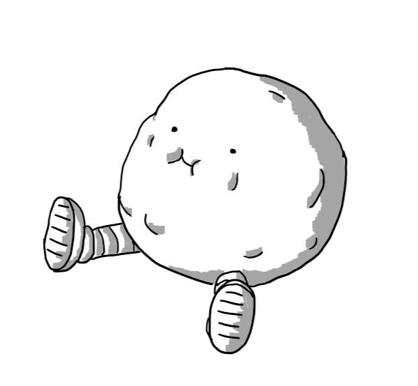 A round robot sitting on the floor that appears to have been stuffed full of things.