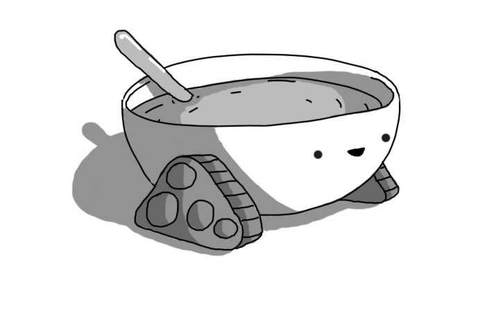 A robot in the form of a bowl of soup with tracks on its sides. It's smiling happily with a spoon sticking out of its contents.