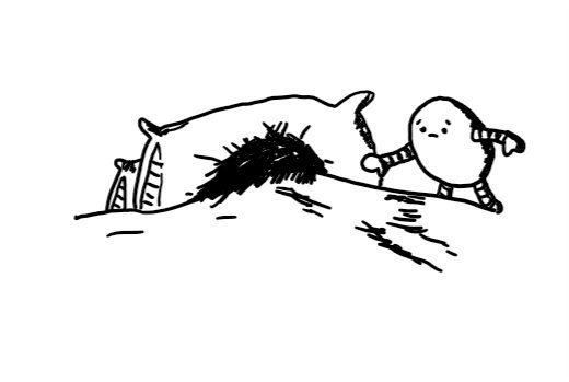 A concerned-looking, ovoid robot leaning across a bed and reaching towards someone bundled up in the covers.