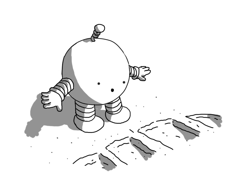 A spherical robot with banded arms and legs and a coiled antenna, looking down in amazement at a large footprint trodden into the ground in front of it.