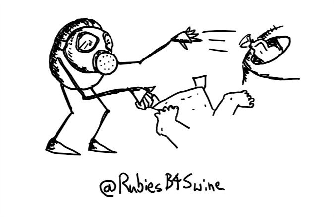 an ovoid robot with spindly jointed limbs and sporting a World War I style gas mask throws a bagged nappy into a bin while putting a nappy on a baby whose wiggling feet are visible.