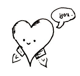 A heart-shaped robot with two gas-burning rocket thrusters keeping it floating midair. It is smiling and saying the word "you".