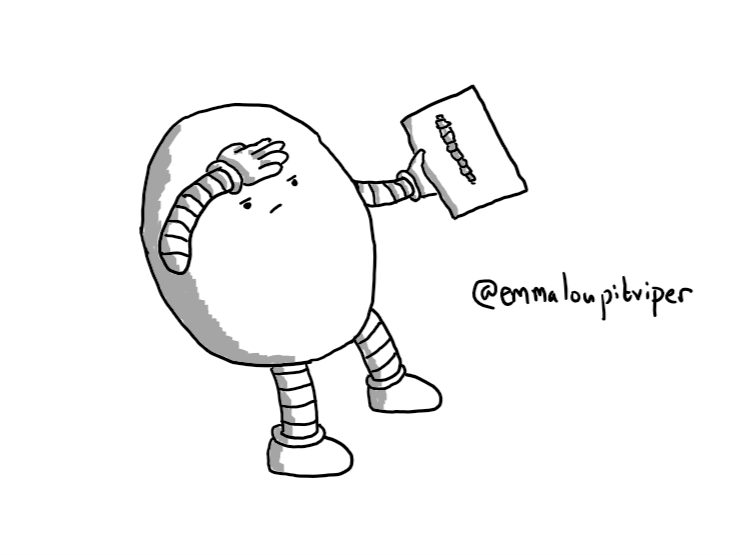 An avoid robot shielding its eyes with its hand as it stares off into the distance while holding a piece of paper with a picture of a spine on it.