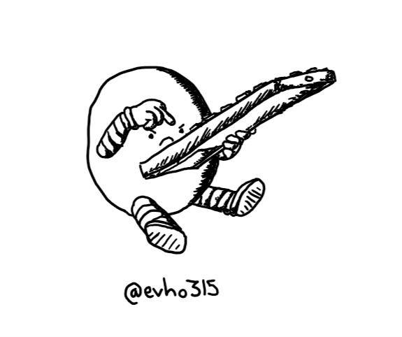 A round robot sitting down with its legs splayed, holding a TV remote in one hand and grumpily jabbing at a button on it with the other.