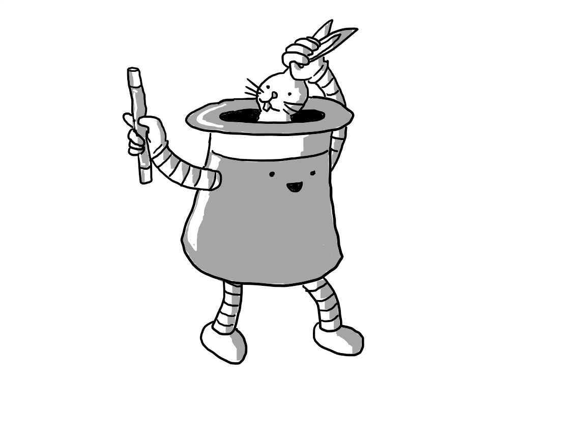 A robot in the form of an upturned top-hat, with banded arms and legs. It is holding a magic wand in one hand and the other is pulling a somewhat bemused-looking rabbit from inside itself by its ears.