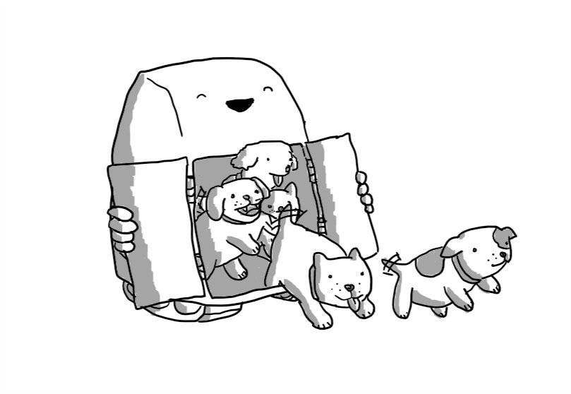 A boxy robot with a curved front and two caterpillar tracks on the bottom. It has two hinged doors on the front which it is pulling open to reveal at least five puppies that are jumping out, tails wagging.