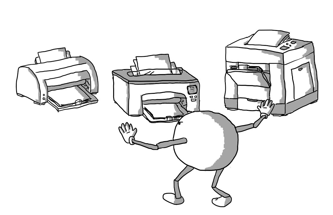 A spherical robot with jointed arms and legs re-enacting the scene from Jurassic World in which Chris Pratt's character calms down three velociraptors with outstretched palms, except instead of dinosaurs, they're different printer models.