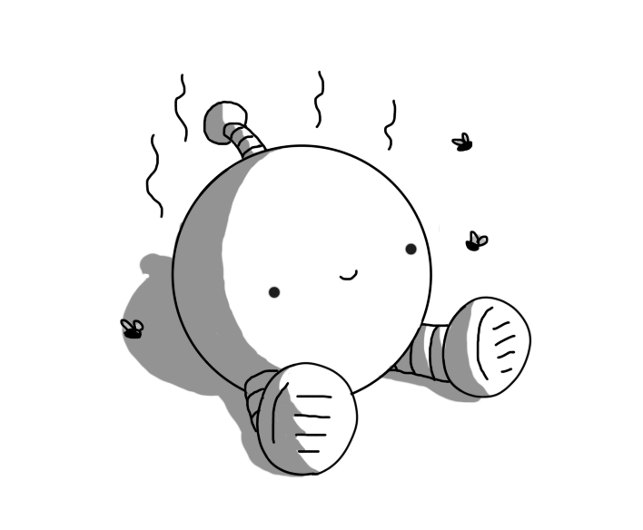 A spherical robot with banded legs and an antenna, sitting on the ground. Stink lines rise from it and three flies are buzzing around but it's smiling quite happily.