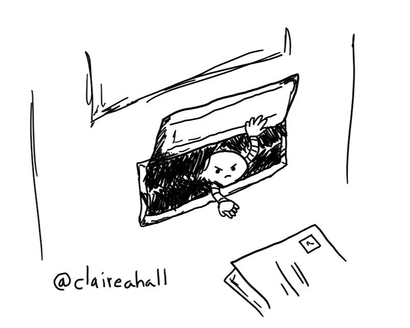 a round robot peeks out from between a letter box's bristles, holding up the flap with one hand while reaching out to some proffered post with the other. it has an angry expression on its face.