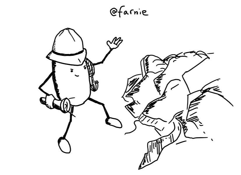 A rounded, cylindrical robot with slim jointed arms and legs wearing a pith helmet and carrying a torch, with a rope and grapnel wound around the other arm. It is confronting a large pile of clothing with a look of wry determination on its face.