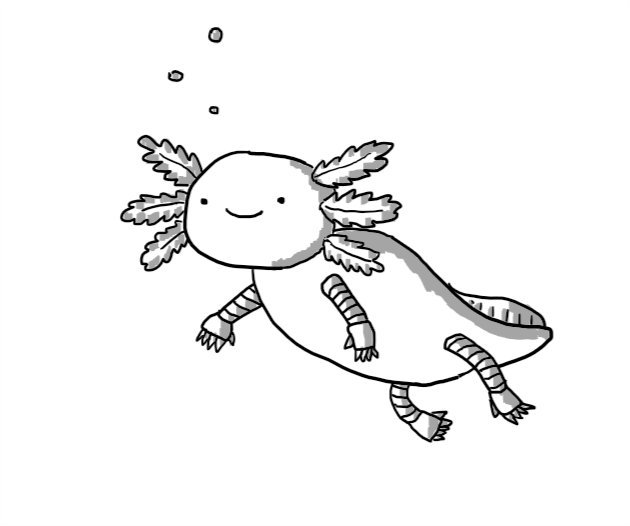 A smiling robot in the form of an axolotl.
