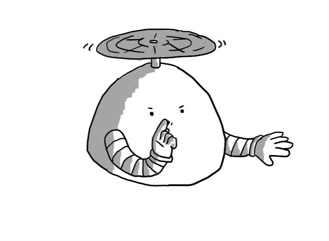 A dome-shaped robot held aloft by a propeller on its top, putting a finger to its lips to shush someone.
