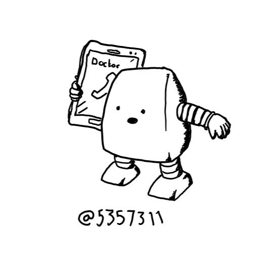 A wedge-shaped robot talking into a phone that's about the same size it is. The contact visible on the phone screen reads 'Doctor'.