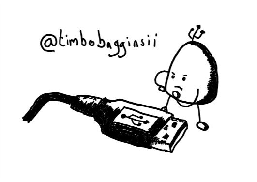 a small robot with a rounded top stands beside a USB plug, frowning thoughtfully and rubbing its chin with one hand while the other is on its waist. it has a little antenna shaped like the USB symbol.