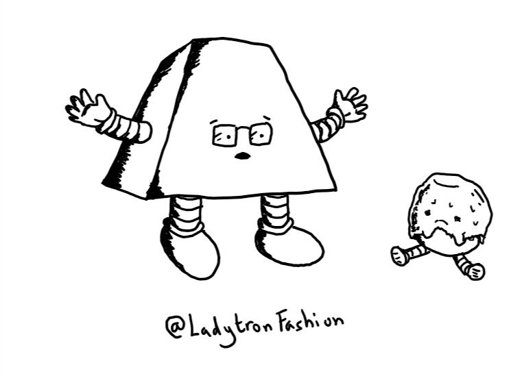 A trapezoid robot wearing glasses holding out its arms as it counsels a bereft-looking Toffebot sitting on the floor.