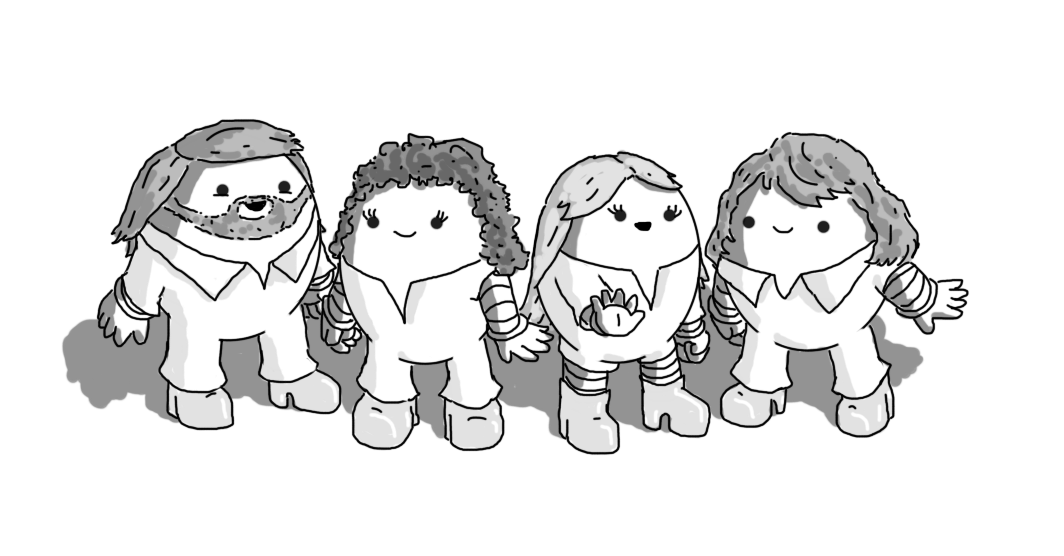 Four ovoid robots with banded arms and legs that resemble the four members of the band ABBA. They have their iconic 70s haircuts, wear various lengths of white jumpsuits and all have shiny platform shoes on.