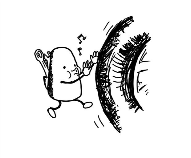 A round-topped, conical robot pushing along a car tyre and whistling. It has a little pocket built into its back which holds a couple of wrenches.