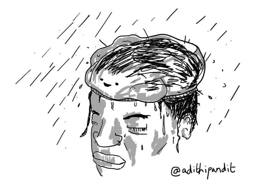 A robot in the form of a transparent shower cap, being worn by a person in the shower.