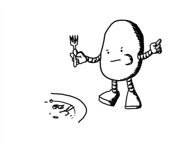 An elongated, round robot frowning as it chews a mouthful of something. It holds a finger in the air and has a fork in the other hand. It stands beside a plate of partially-eaten food.