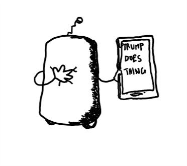 a robot shaped like a rounded cylinder with small wheels at the bottom and a zig-zagging antenna on top with one hand pressed against its face that has scrunched-up eyes and a sad mouth. in its other hand it holds a smartphone with the phrase 'TRUMP DOES THING' on the screen.