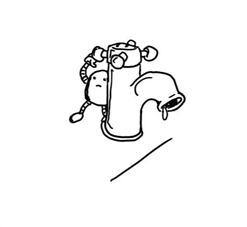 A small robot standing by a tap with a drop of water hanging from the spout, reaching up to turn the head.