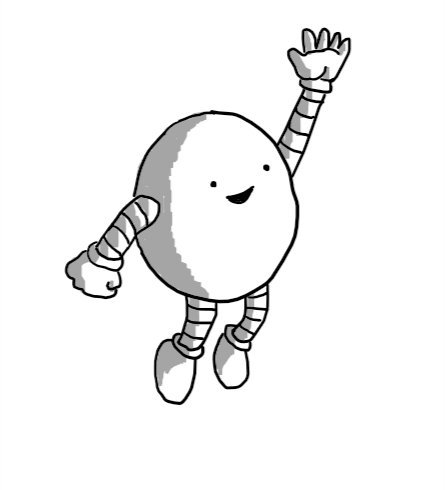 A round robot jumping into the air with its hand raised and a big smile on its face.