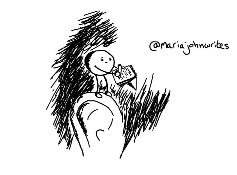 A spherical robot with slim arms and legs, perched atop someone's ear and writing in a little notebook as it frowns slightly at their head.