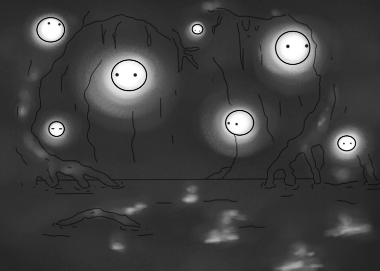 A scene depicting a dark stretch of water with trees overhanging it, their gnarled roots partially immersed, with films of moss and other vegetation hanging down from the boughs above. Here and there are seven spherical robots with eyes (yes, one is asleep) floating at different elevations and depths, all emitting a pale glow which is reflecting off the water and some of the nearby trees.