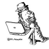 Three spherical robots standing on top of each other in a long trench coat, with a fedora and a fake glasses-nose-moustache disguise. The one in the middle has its arms through the sleeves and is using an open laptop on the desk in front of them.