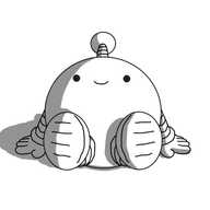 An animated GIF of a smiling, spherical robot with banded arms and legs and an antenna, spinning around on its bottom.