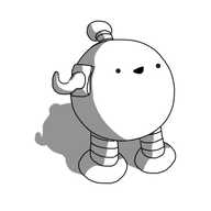 A spherical robot with banded legs and an antenna. On one side of it, a little hook is mounted, which it seems pretty pleased about.