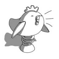 A robot in the form of a male chicken. It has a sort of curving, teardrop shaped body that is laterally oriented, with its open beak on the larger end. Atop this head section it has a wiggly-edged comb running from front to back, and a bulbous wattle hangs from its beak. It has two hinged, pointed wings, held in a downwards position but slightly extended. In place of legs, the robot has a large spring that is mounted on a single, domed foot. The robot has its eyes screwed shut and appears to be crowing loudly.