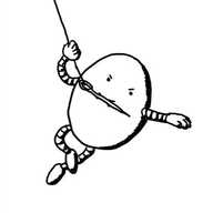 An ovoid robot with a determined expression, clutching a sewing needle lengthways in its mouth with thread looped on the end that its swinging from like it's in an action movie.