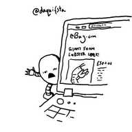 A laptop open on an eBay listing for 'GIANT FOAM LOBSTER L@@K', priced at £500, with a round robot peering around the screen waving a hand with an expression of alarm on its face.