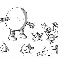 A round robot with banded arms and legs gestures to move along a column of Mischiefbots - smaller robots in the form of cubes, spheres or pyramids - that are grumbling and grimacing as they pass. A couple are shouting at Herdbot, one is making a rude face, one is throwing a tantrum, lying face-down and banging its hands and feet on the ground. Herdbot looks unimpressed with their antics.