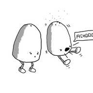 Two robot salt and pepper shakers, each with two little jointed legs on their bases. Pepperbot has several grains floating out of its top and is sneezing so hard its flying off its feet. A speech bubble is coming from its mouth saying 'ACHOOO!!!' while Saltbot looks on, concerned.