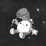 A spherical robot with banded arms and legs and an antenna, floating in front of a dark star field. It's holding a large butterfly-catcher-style net in one hand and looks quite angry.