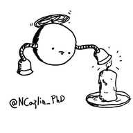 A spherical robot held aloft by a propeller on its top, with two slim, banded arms each tipped with little bell-shaped candle snuffers, concentrating very hard as it covers over a lit candle.