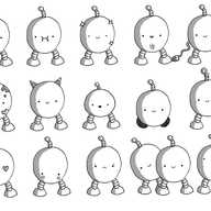 15 robots, arranged 5 by 3. All are ovoid with two banded legs and an antenna. Each has an extra feature. From the top left: a hand on its antenna, full cheeks, is sparkling, toned abs, a USB wire trailing from it, paint splattered, cat ears, much smaller, wheels instead of legs, a female symbol on its antenna, heart eyes, blushing, sad, an extra robot peeking out from behind it, a vacant expression.