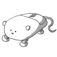 A robot in the form of a computer mouse, with its buttons and a scroll wheel to the rear. It has four banded legs on its underside, a tail at the back and a pair of small, rounded ears. It has close-set eyes and elongated front teeth.