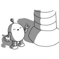 An ovoid robot with banded arms and legs and an antenna with an asterisk-shaped end. Its happily expounding with its eyes closed and one finger raised, beside the foot and banded leg of a much larger robot.