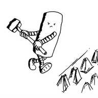 A tall, cylindrical robot angrily wielding a sledgehammer and advancing on a set of concrete spikes.