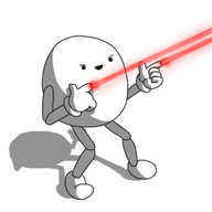 A round robot with joined arms and legs. It's smiling malevolently as it fires two glowing red beams from its pointed index fingers.