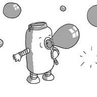 A robot in the form of a children's bubble mixture container. It has arms and legs and is holding the wand and blowing through it to produce a bubble. More bubbles of various sizes surround it, a couple of which have just popped.