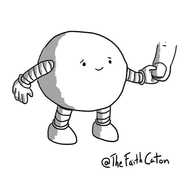 A spherical robot with a sympathetic smile, gently holding someone's finger.