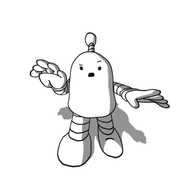 A round-topped robot with banded arms and legs and an antenna. The image is distorted, so that its body seems far too small and its extremities are pulled towards the frame.